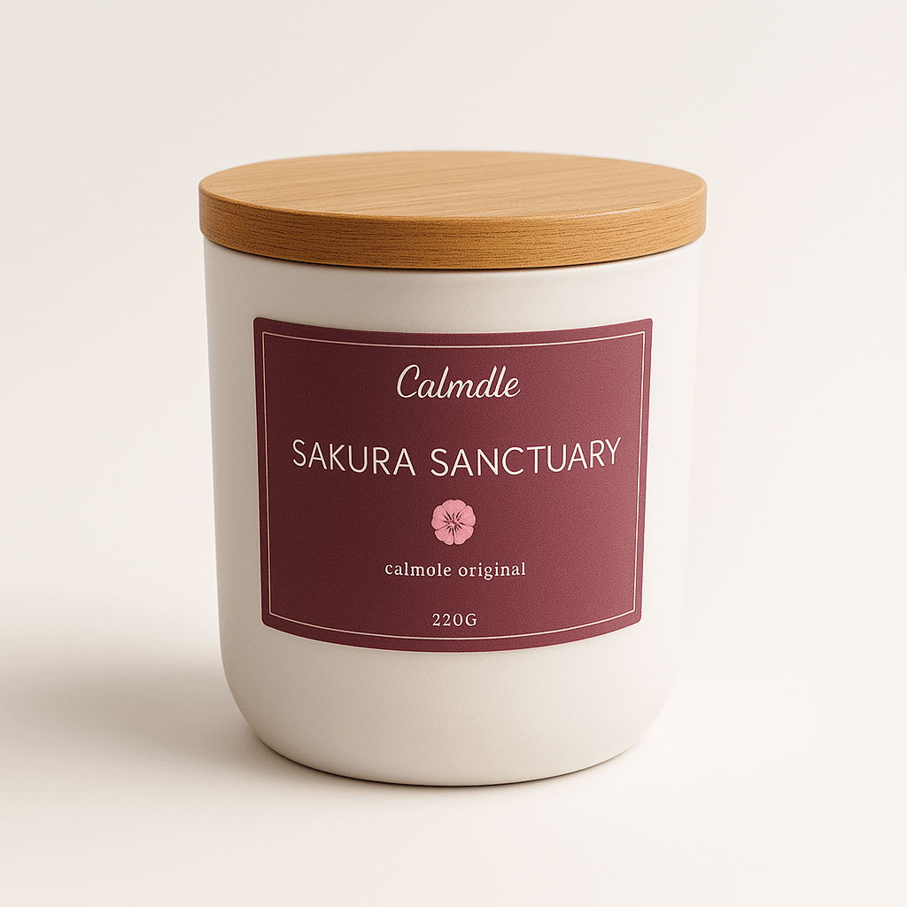 Bougie Sakura sanctuary - fleur de cerisier Calmdle be avec pot blanc et couvercle en bois